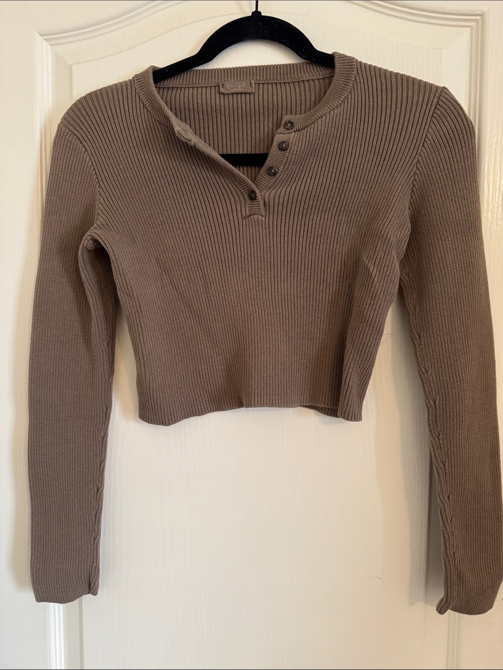 Brandy Melville John Galt Ribbed Henley Crop Top - Taupe OS